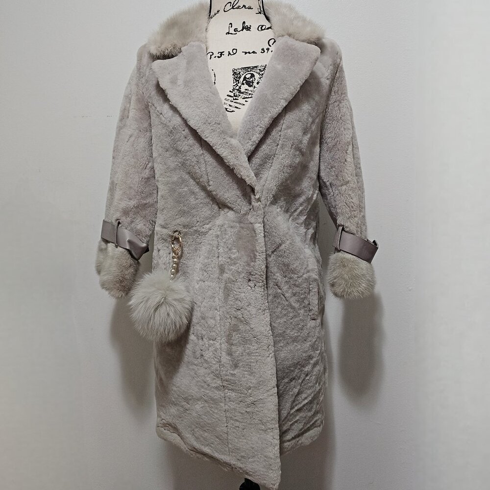 NewReal Merino Sheepskin Shearling Lamb Fur Jacket Coat Mink Grey Pom pom Buckle